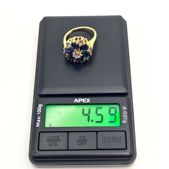 Vintage 14K Yellow Gold Sapphire Flower Cocktail Statement Ring Size 6 - Picture 7 of 9